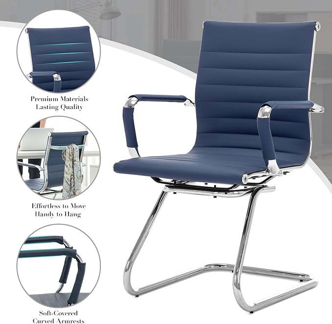 CIMOTA Waiting Room Chairs Leather Office Guest Chair Mid Back Reception Chairs with Sled Base for Meeting/Patient/Conference Room, Navy Set of 8
