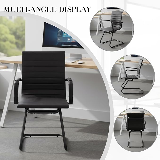 CIMOTA Waiting Room Chairs Leather Office Guest Chair Mid Back Reception Chairs with Sled Base for Meeting/Patient/Conference Room, Retro Black Set of 6