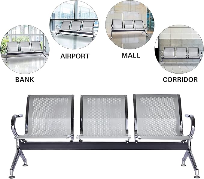 3-Seat Waiting Room Chairs - Waiting Room Bench with Arms Airport Reception Bench Guest Reception Chairs Lobby Bench Waiting Area for Airport Market Bank Hospital School Barbersho, Silver