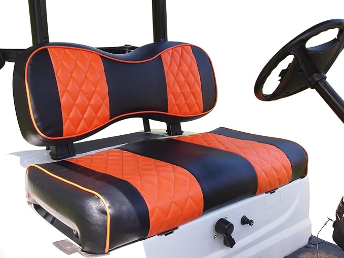 Huskey 2PCS Golf Cart Front Seat Covers for Club Car DS 2000.5 UP G&E Models Custom Two-Tone Black/Orange Diamond Stitching with Orange Piping, Marine Grade Vinyl Material, Staple on Design