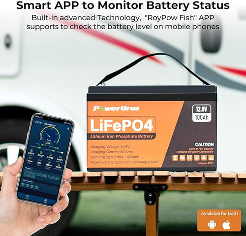 12V 100Ah LiFePO4 Battery with 12V 20A LiFePO4 Battery Charger, PowerUrus 4000-8000 Cycle Rechargeable Lithium Battery with Smart APP, 12V 100Ah Lithium Battery for RV, Marine, Off Grid Application
