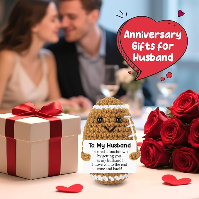 Birthday Gifts for Husband from Wife, Christmas Handmade Inspirational Crochet Football Gift for Him, Cool Wedding Anniversary Present for Husband, Cute Emotional Home Decor for Couple, Hubby, Spouse