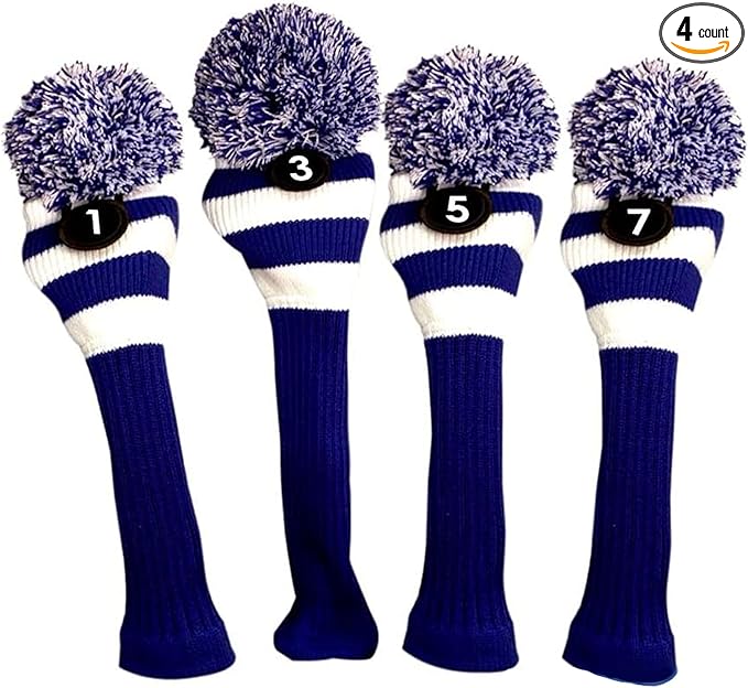 Majek Golf Club 1 3 5 7 White and Blue Limited Edition Driver and Fairway Wood Head Covers Fits 460cc Drivers Tour Knit Retro Vintage Pom Classic Long Neck Metal Longneck Woods Headcovers