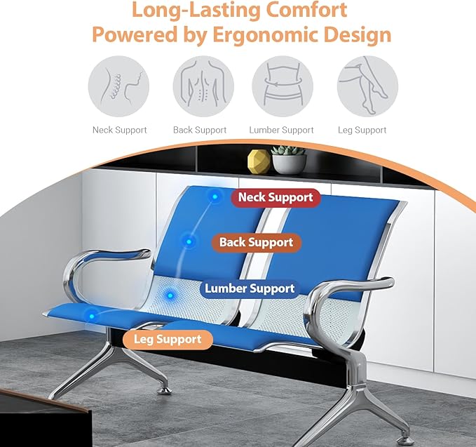 Kinfant 2-Seat PU Leather Waiting Room Bench – Blue Reception Chair for Office, Hospital, Bank, Salon, Airport
