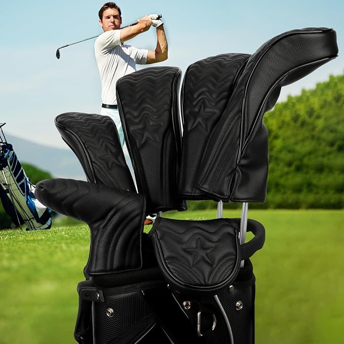4pcs or 1pc Golf Club Head Covers for Woods, Driver, Fairway, Hybrid – Premium PU Leather with Interchangeable Tags & Magnetic Blade and Mallet Putter Covers