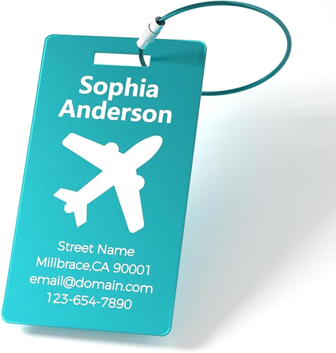 4 Pack Personalized Luggage Tags, Custom Engraved Aluminum Luggage Tags with Your Personalized Text, Waterproof Metal Name Tags With Steel Loop for Bags, Suitcase, Baggage, Backpack (Lake Blue, Large)