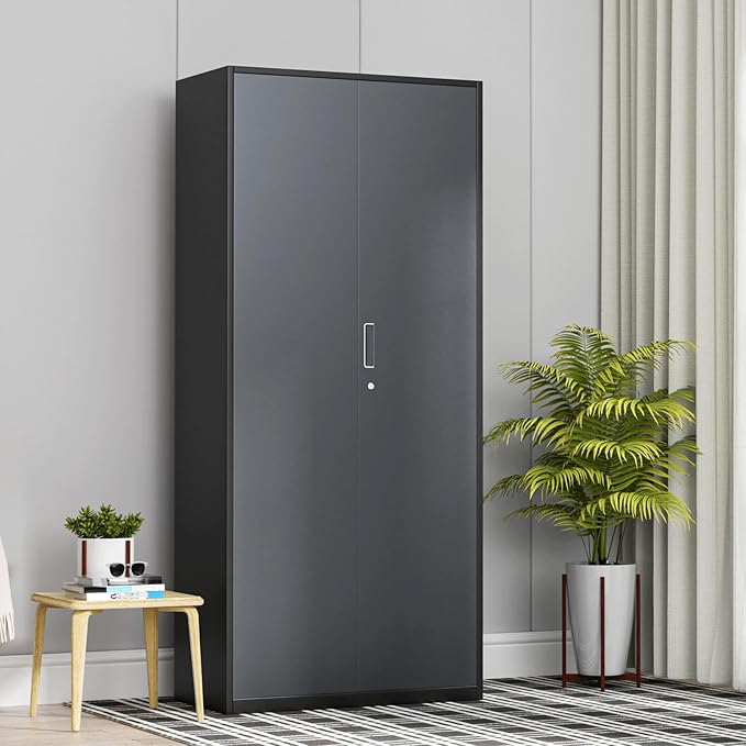 Athena Collection 71" Tall Metal Storage Cabinet with 2 Doors and 6 Ajustable Shelves, Garage Storage Cabinet for Files, Tools, Home Offcie, School, Garage, Pantry, Grey Black