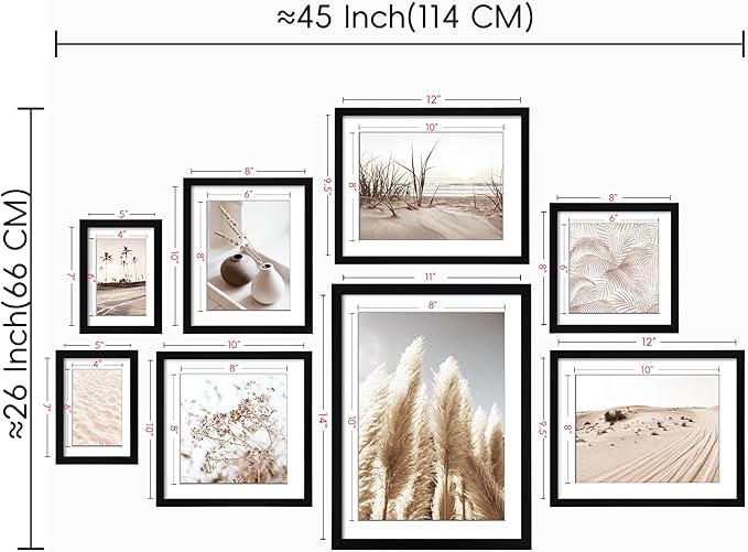 ArtbyHannah Gallery Wall Frame Set, 8 Pack Picture Frames Collage Wall Decor with Neutral Pampas Grass Art for Living Room, Assorted Size Including 11"x14", 8"x10", 5"x7"(Black Frame)