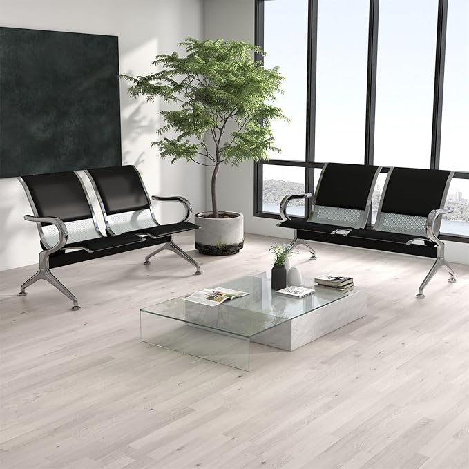 kinbor Waiting Room Chairs - Durable PU Leather Reception Bench with Armrests, 2-Seat Office Reception Guest Chairs for Office, Hospital, Airport, Bank & Lobby, Black