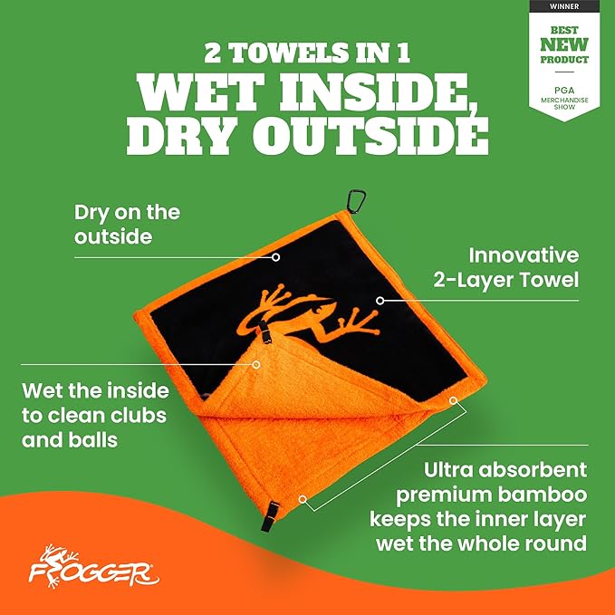 Frogger Amphibian 2-in-1 Golf Towel with Wet and Dry Technology, Blue/Black, Premium Golf Bag Accessory with Carabiner Clip, Ultra Absorbent, for Golf Dads
