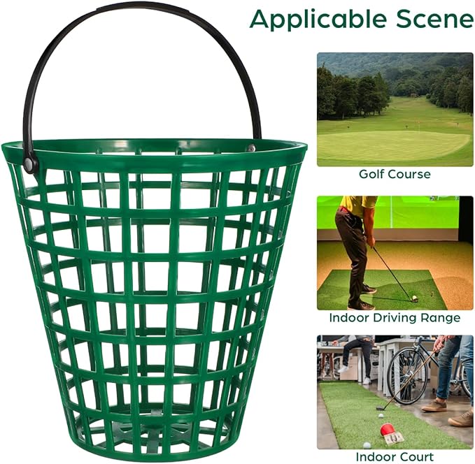 VANZACK Plastic Golf Ball Basket, Golfball Container Ball Bucket with Handle, Holds 100 Balls, for Summer Golf Ball Storage Practice Accessories, Green