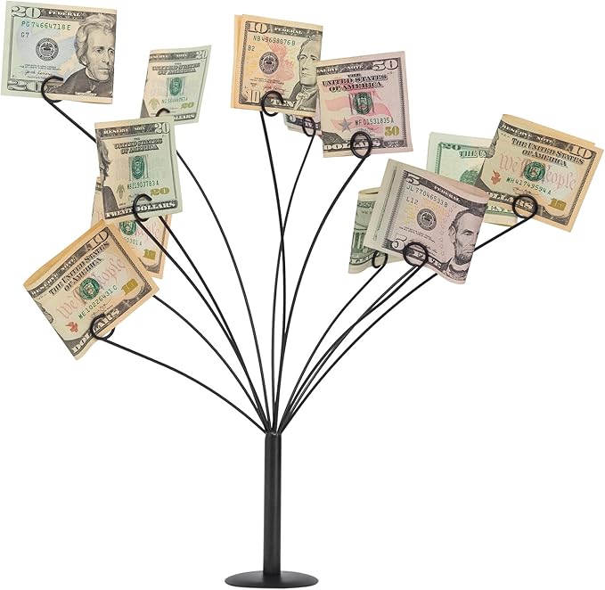 CraftyCrocodile Gift Card Tree Holder - Metal Display Stand with 11 Flexible Clips for Photos, Money, Lottery Tickets, Cards & Notes - Matte Black Finish