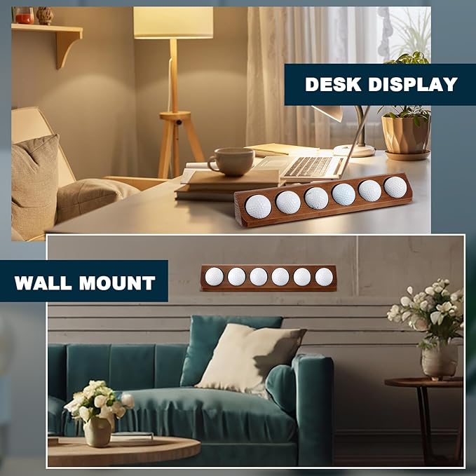 Golf Ball Display Case Wall Mount 6 Standard Size Golf Ball Stand Holder Display Stand for Sport Memorabilia Gift for Men Homen Office Tabletop Decor(Walnut Color,2 Pack)