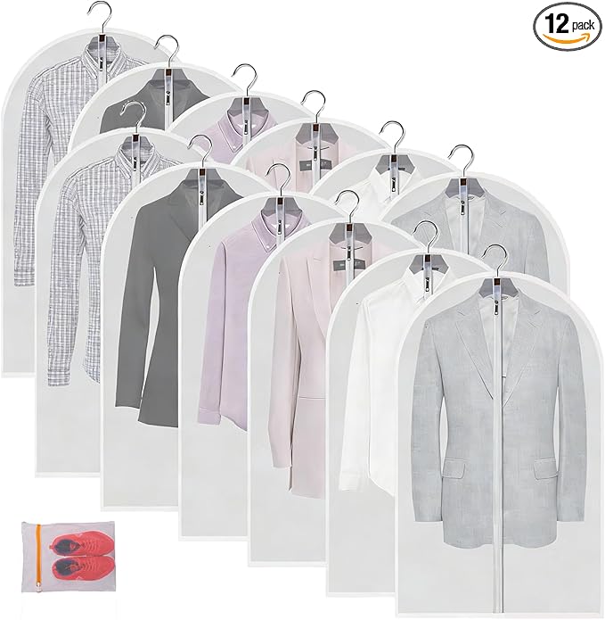 12 Pack Garment Bags for Hanging Clothes (24x40") - Dustproof Suit Bags for Closet Storage - Durable PEVA Covers with Sturdy Zipper for Coats, Jackets & Dresses (Translucent)