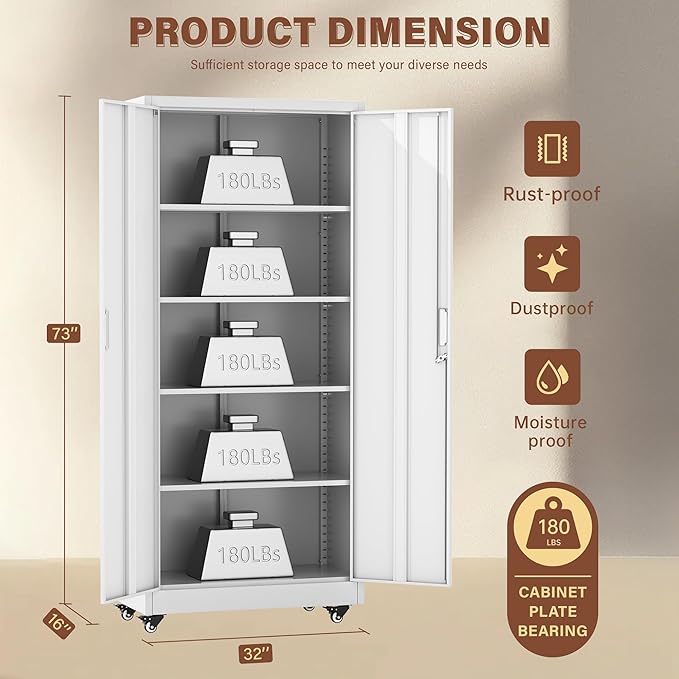INTERGREAT Metal Storage Cabinet with Wheels, 73" H Rolling Metal Cabinets with Doors and Shelves, White Steel Lockable Cabinet on Wheels for Garage Storage