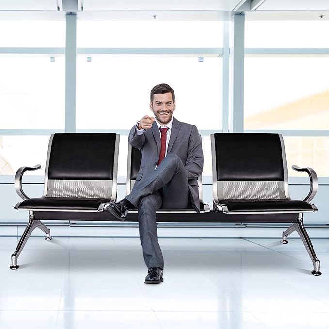 Kinfant Waiting Room Chair Bench - Guest Reception Chairs for Airport Hospital Bank Salon Barber Hall Room Conference (3-seat, Black-Mesh+PU)