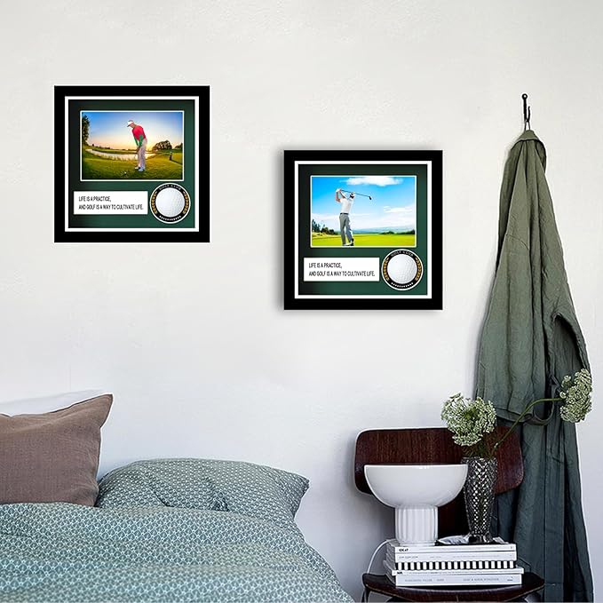 Golf Ball Case Display,9.8"x8.6"Golf Ball Holder Display,Hole in One Display Case,with 4x6 Photo Frame,Solid Wood HD Glass Golf Display (Black) ﻿