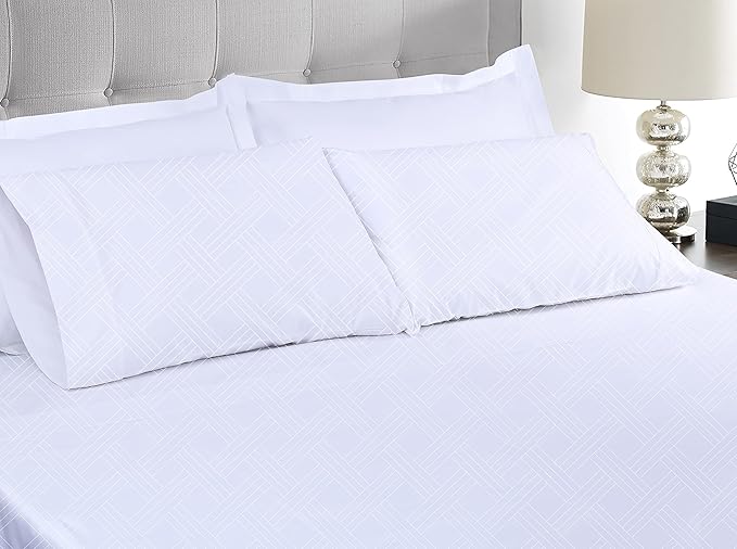 Threadmill Luxury 100% Cotton King Size Sheets Set- 800 Thread Count Jacquard Celine Hotel White, Better Than Egyptian Cotton,4 Pc Striped Bed Set, Damask Bed Sheets with 16" Deep Pocket