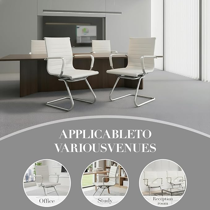 CIMOTA Waiting Room Chairs Leather Office Guest Chair Mid Back Reception Chairs with Sled Base for Meeting/Patient/Conference Room, White Set of 6