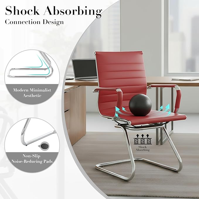 CIMOTA Waiting Room Chairs Leather Office Guest Chair Mid Back Reception Chairs with Sled Base for Meeting/Patient/Conference Room, Red Set of 6