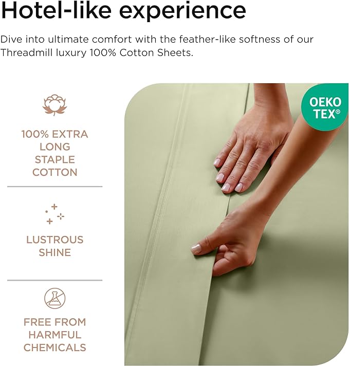 Threadmill Luxury 800 Thread Count California King 100% Cotton Sheets - Sage Green Sateen Weave Bed-Sheets, Better Than Egyptian Cotton, 4 Pc Solid Bed Set, Fits 16" Deep Pocket
