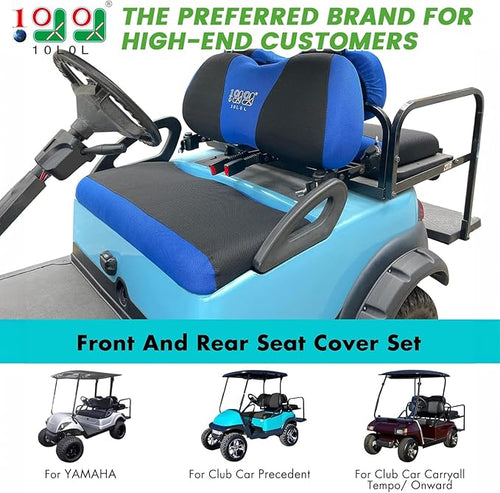 10L0L Golf Cart Front and Rear Seat Cover Set for Club Car Precedent/Onward/Tempo & Yamaha G29 Drive/Drive 2,Stylish 4 Passenger Front Back Seat Covers,Breathable Washable Polyester Mesh (Black/Blue)