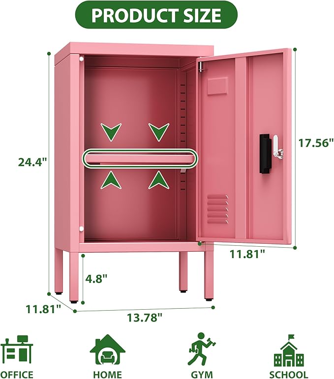 Aobabo 24.4" H Metal Locker Storage Cabinet with 1 Doors, Lockable Storage Cabinet with Adjustable Leveling Foot and Adjustable Shelves, Lockers for Home, Office, Assembly Required, Pink
