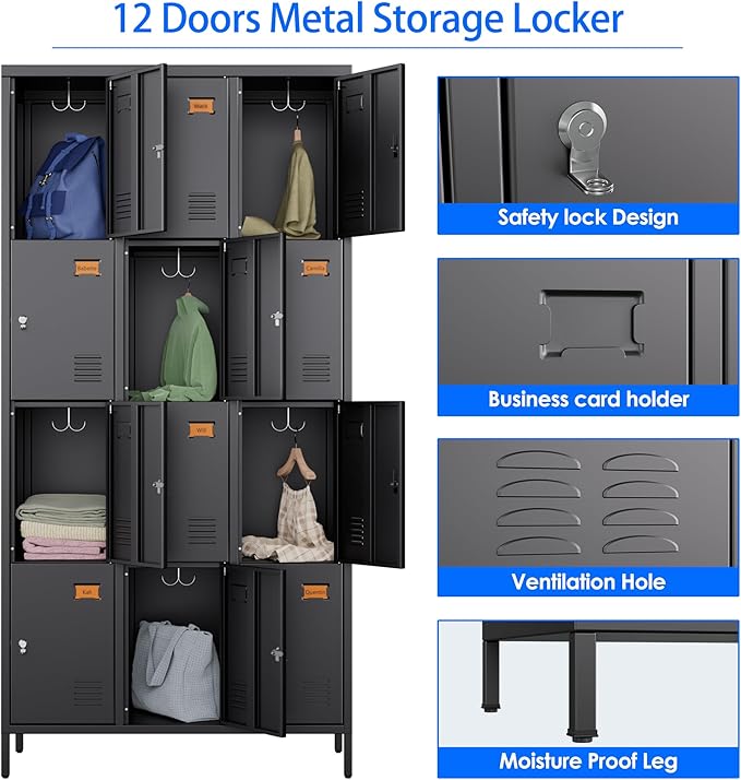 METAN Metal Locker for School Office Gym Bedroom, 12 Doors Black Steel Storage Locker Cabinet for Employees, Industrial Storage Locker, Assembly Required (12 Door-Black)