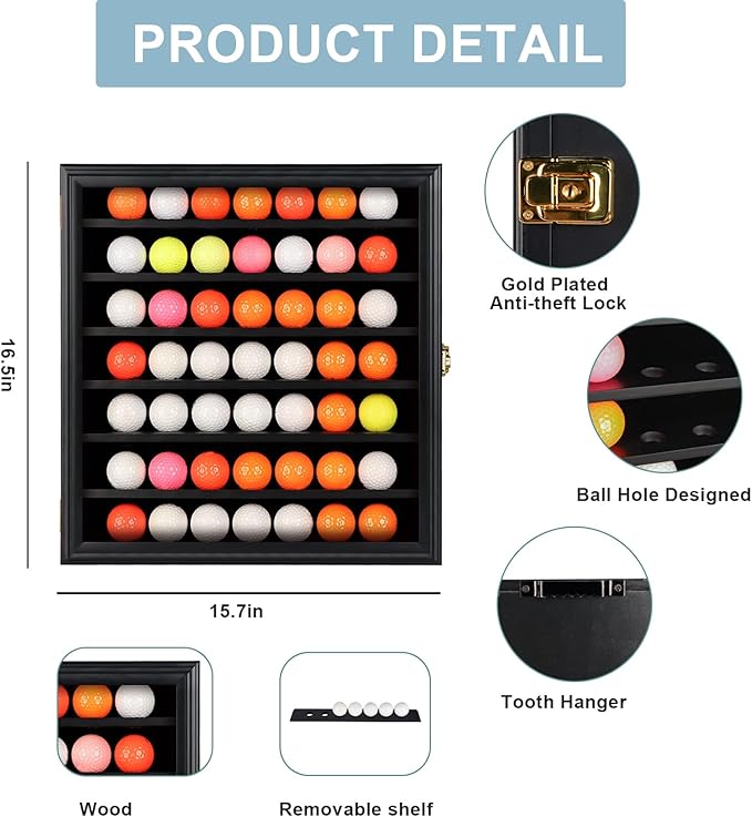 KCRasan Golf Ball Display Case - Wall Mounted Holder with Glass Door, Ideal Gift for Golf Enthusiasts