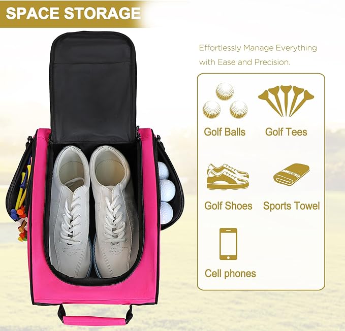 Goloni 2Pcs Golf Shoe Bag for Men & Women, Padded Travel Shoe Bag with Side Accessory Pockets,Sport Shoe Carrier for Golf Shoes,Socks,Tees & Balls,Durable & Lightweight Design (Black+Pink)
