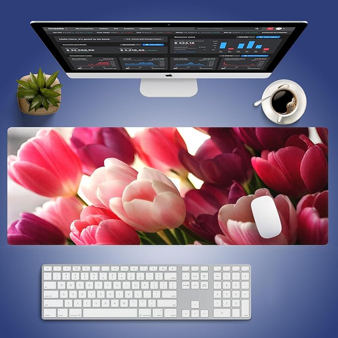 Wknoon. Extra Large Gaming & Office Mouse Pad (31.5" x 11.8") with Durable Stitched Edges – Bouquet of Tulips Flowers Pink and Purple Blossoms Girly Floral Close-up, Anti-Slip Extended XXL Desk Mat
