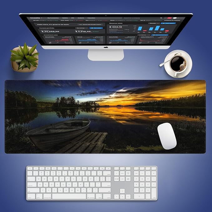 Wknoon. Extra Large Gaming & Office Mouse Pad (31.5" x 11.8") – Boat at Lake Shore Wooden Bridge & Pier Sunset Sunbeams Romantic Evening View Fishing, XXL Desk Mat with Durable Stitched Edges