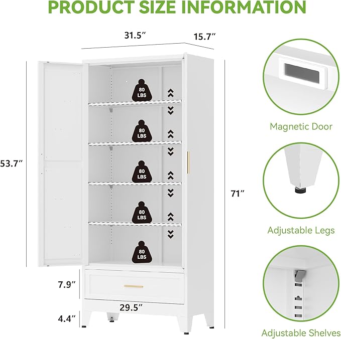 71"Tall Metal Storage Cabinet with Drawer and 4 Adjustable Shelves,Farmhouse Kitchen Pantry Storage Cabinet with Doors, Freestanding White Locker Cabinets for Office,Dining Room,Bathroom(White)