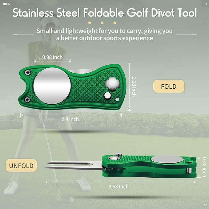 Skylety 4 Pcs Golf Divot Repair Tool Metal Foldable Golf Divot Tool with Magnetic Pop-up Button Ball Marker Stainless Steel Switchblade for Golfers Prizes