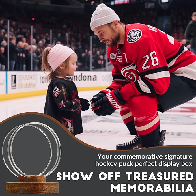JupDec Hockey Puck Display Case Acrylic Clear Holder with Wood Base, Autograph Souvenir Display Stand, Perfect Showcase for Your Collection, Brown, 2 Pack