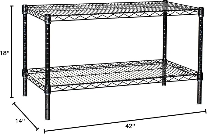 Omega Shelving Storage | 2 Tier Starter Shelving Unit 18" Deep x 42" Wide x 14" High - 800 lb Weight Capacity per Shelf, Adjustable Wire Shelving, Tool-Free Assembly |Black Shelving