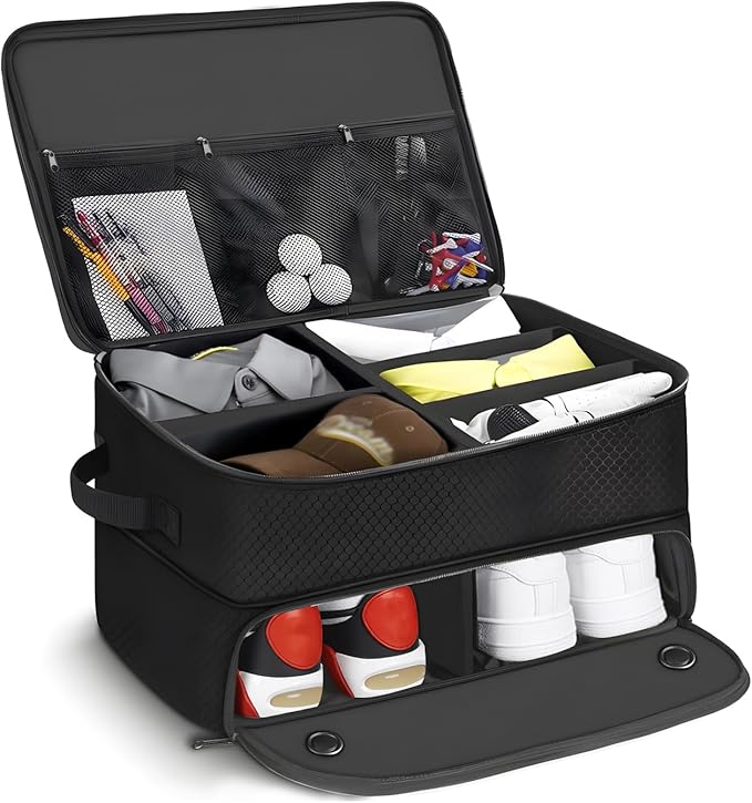 2 Layer Golf Trunk Organizer, Golf Gifts for Men with Separate Ventilated Compartment,Waterproof Car Trunk Locker for Balls, Tees, Clothes, Gloves, Accessories, Golfer Gifts