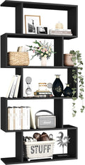 Yusong Bookshelf 5-Tier, Geometric Bookcase S Shaped Book Shelves for Bedroom, Modern Wood Decorative Display Shelf Book Case for Home Office, Black