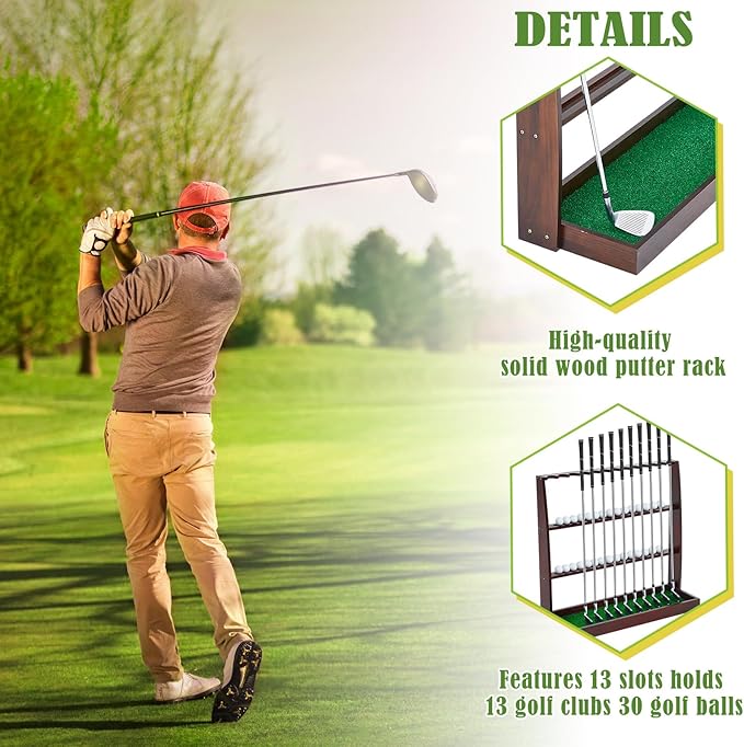 Lenwen Golf Putter Stand Wooden Display Rack Golf Club Holder Stand, Brown Golf Club Organizer for Storage Sports Indoor Home Garage