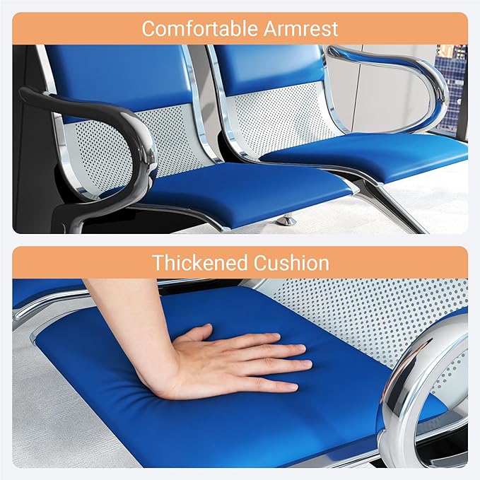 Kinfant 2-Seat PU Leather Waiting Room Bench – Blue Reception Chair for Office, Hospital, Bank, Salon, Airport