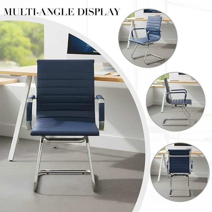 CIMOTA Waiting Room Chairs Leather Office Guest Chair Mid Back Reception Chairs with Sled Base for Meeting/Patient/Conference Room, Navy Set of 2