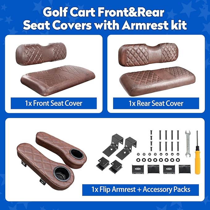 NOKINS Golf Cart Seat Covers for EZGO TXT 1994-2013/EZGO RXV, Vinyl Front&Rear Seat Cover with Flip-Up Armrests kit, with Cup Holder, for 1" Square Tube (Brown&Brown 8438)
