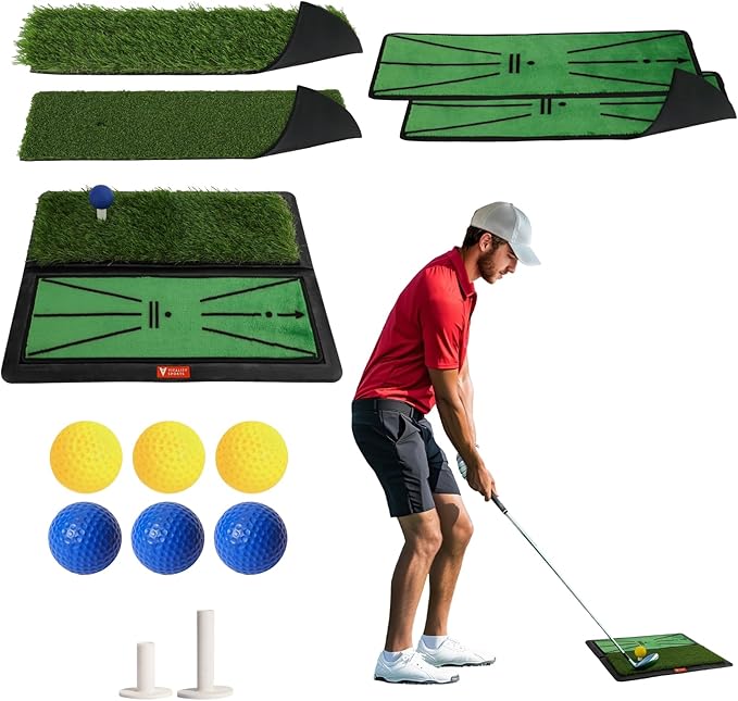 Golf Hitting Mat, 4 PCS Dual Turf Golf Practice Mat for Indoor Outdoor Swing Path Feedback, Driving, Chipping, Putting, Durable Artificial Grass Golf Mats for Men Women, 20"x16" Training Aid with Tees