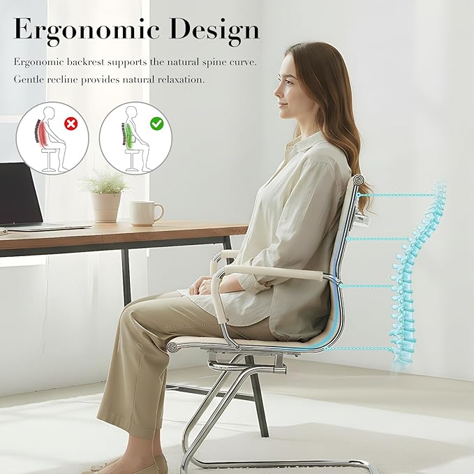 CIMOTA Waiting Room Chairs Leather Office Guest Chair Mid Back Reception Chairs with Sled Base for Meeting/Patient/Conference Room, White Set of 6