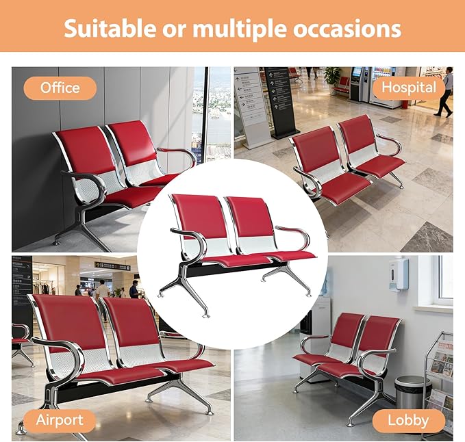 Kinfant 8-Seat Waiting Room Chairs with Arms – Heavy-Duty Steel Frame PU Leather Back & Cushioned Seat, Ergonomic Office Reception Guest Chair for Lobby, Clinic, Airport, Red