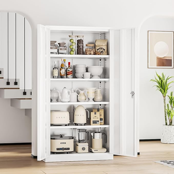 INTERGREAT White Metal Storage Cabinet Doors, 72" Locking Steel Storage Cabinet with Shelves, Tall Metal Cabinet Lockable Steel Cabinets for Home Office