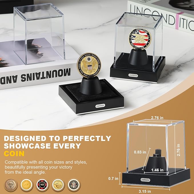 JupDec Coin Display Case, Clear Acrylic Single Coin Holder with Durable Base, Dustproof Cube Showcase with Black Velvet Interior, Ideal Gift for Challenge Coin Fans & Collectors
