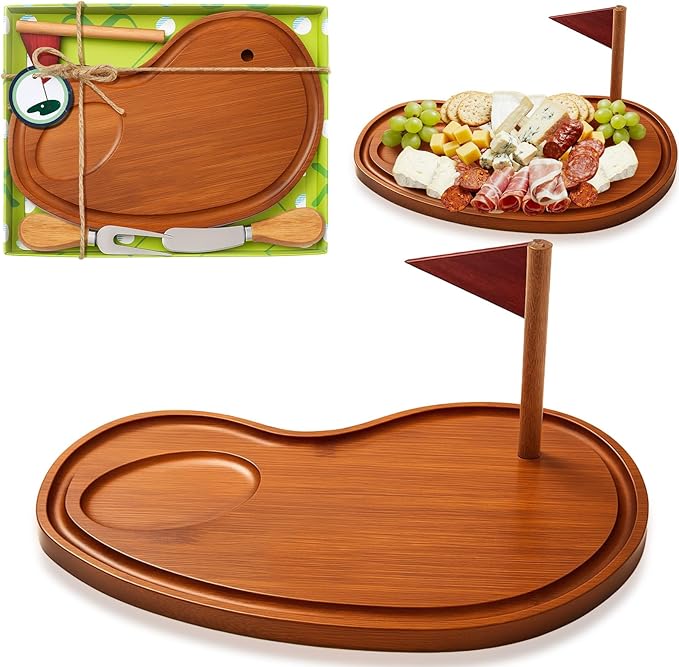 Golf Cheese Board Gift Set Party Favor Prizes Charcuterie Wood Board with Knives and Box for Dad Grandpa Party Tournament Game(Carbonized Bamboo Wood, Golf)