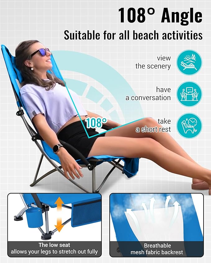 KingCamp Low Beach Chairs, Folding Portable Chair for Adults Lightweight Extra Wide Seat 300lbs Heavy Duty Oversized Backpack, Carry Bag for Camping