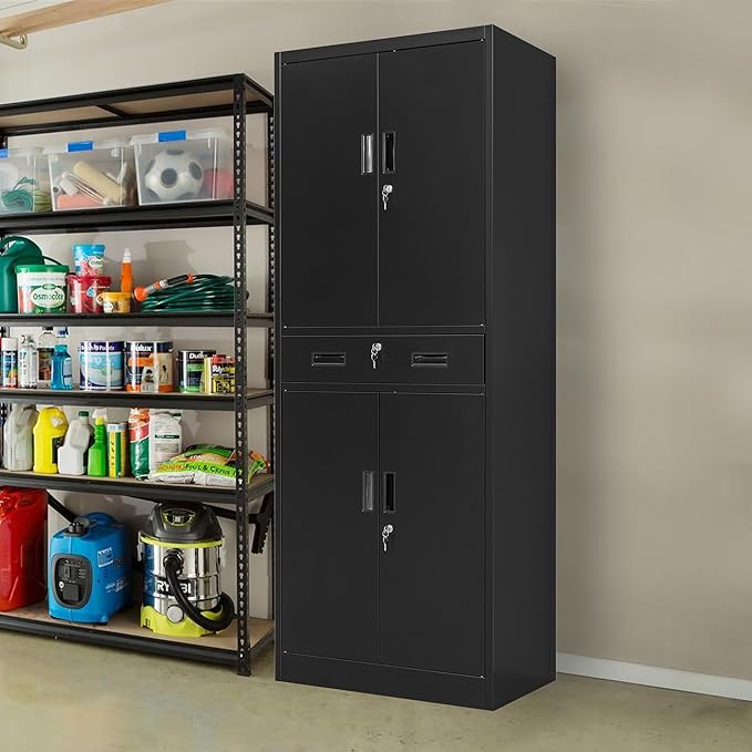 CJF Metal Storage Cabinet, 71" H Locking Storage Cabinet with Drawer and Adjustable Shelves, Steel Cabinets for Garage, Home Office, Kitchen (Black)